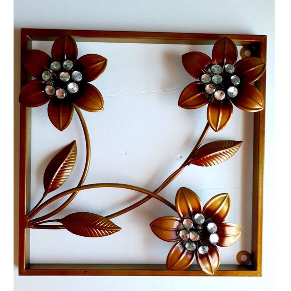 Floral Metal Decor Wall Hanging w/ Rhinestone Crystal Gold Rustic Square Shape - Picture 3 of 6